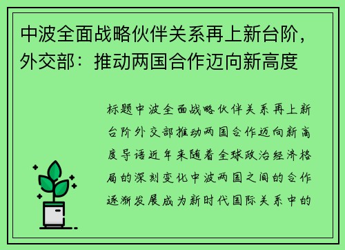 中波全面战略伙伴关系再上新台阶，外交部：推动两国合作迈向新高度